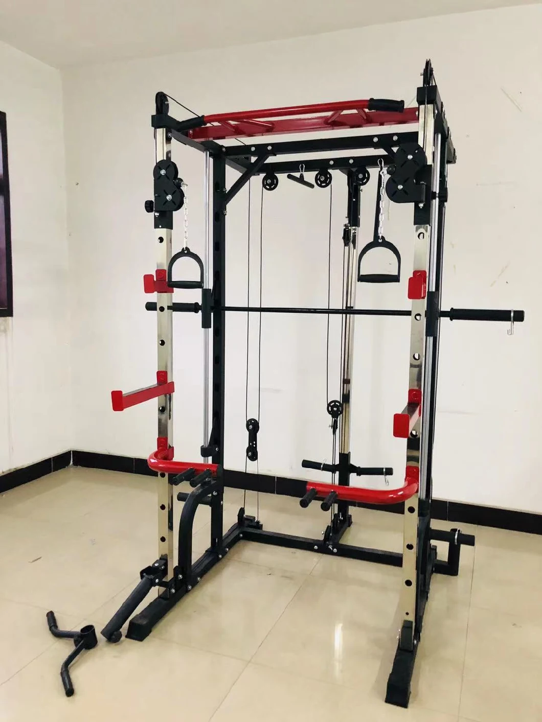Home Gym Equipment Exercise Squat Rack Includes Smith Pull Attachment Multi-Grip Pull-up Bar Barrel Training Fitness Equipment